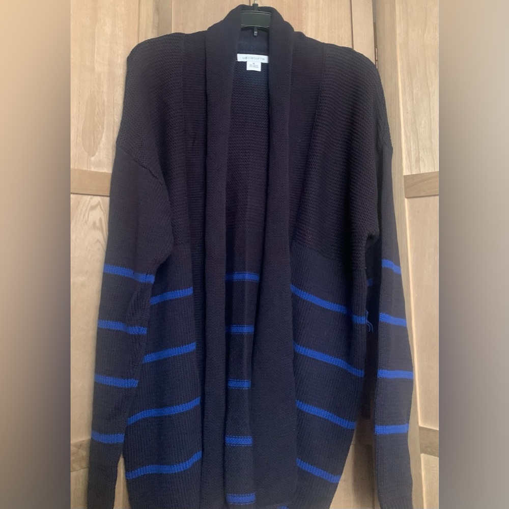 Liz Claiborne Navy blue Striped Open Front knit Cardigan size XL